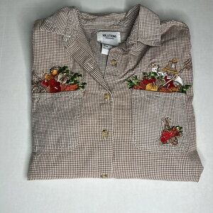 VTG Solutions Original Gingham Plaid Button Down Fall Embroidered Top Size L